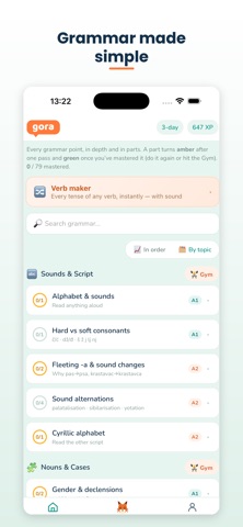 Gora Academy App Store preview showing grammar explanations